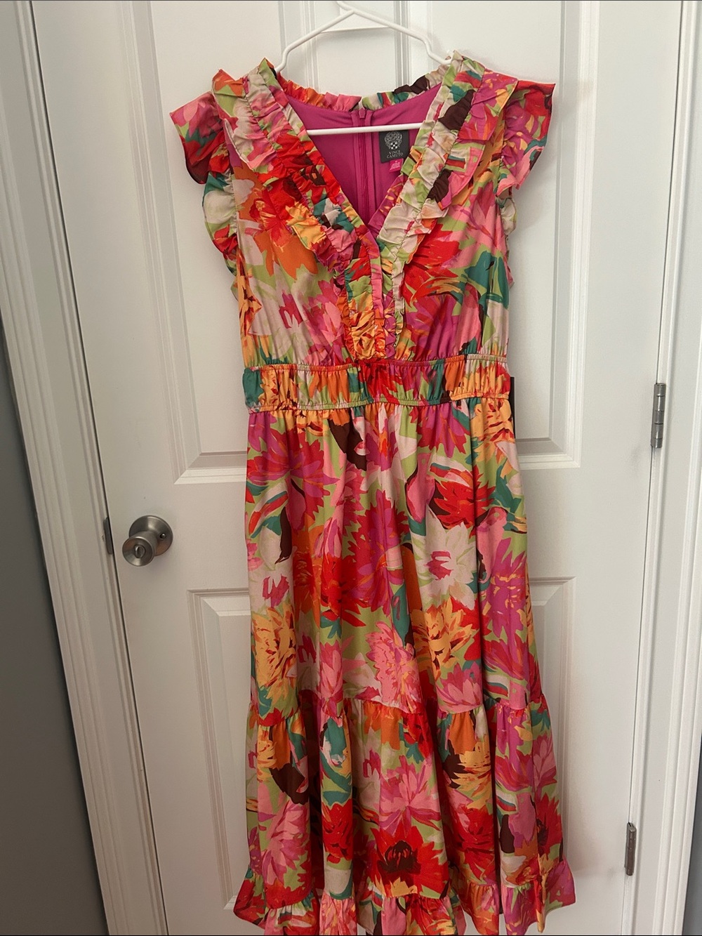 Vince Camuto Pink Multi Floral Ruffle Midi Dress